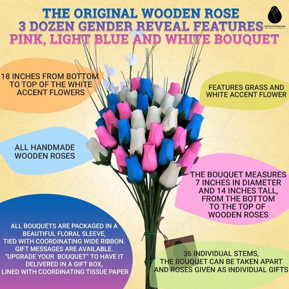 3 Dozen Gender Reveal Wooden Rose Flower Bouquet. The Original Wooden Rose - Picture 3 of 9